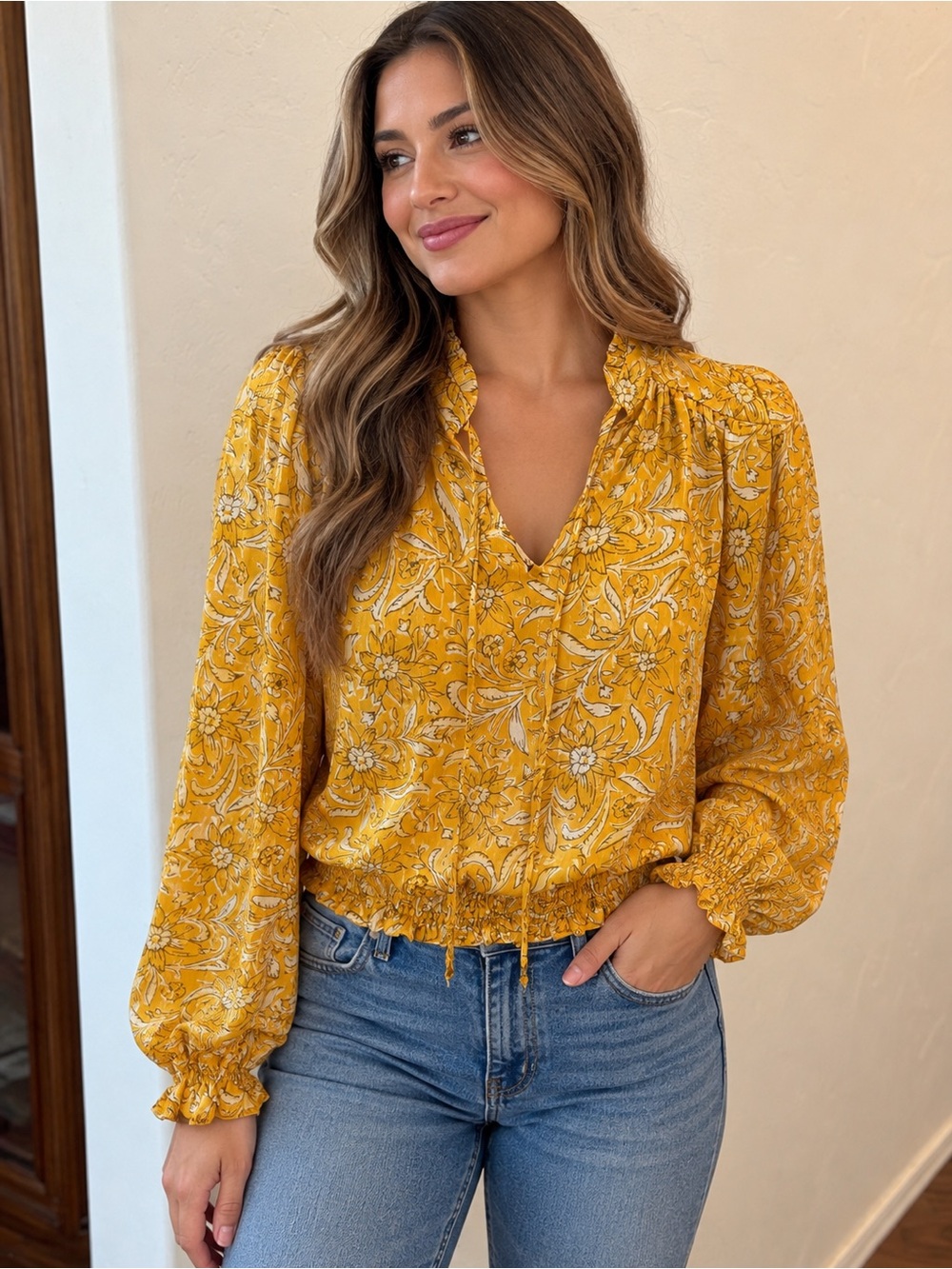RACHEL Rachel Roy Mustard Floral V-Neck Long Sleeve Blouse